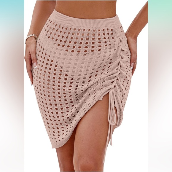 NWT Beige Mauve Knit Crochet Swimsuit Cover-Up Skirt Size Medium Boho Beachwear - Picture 4 of 9